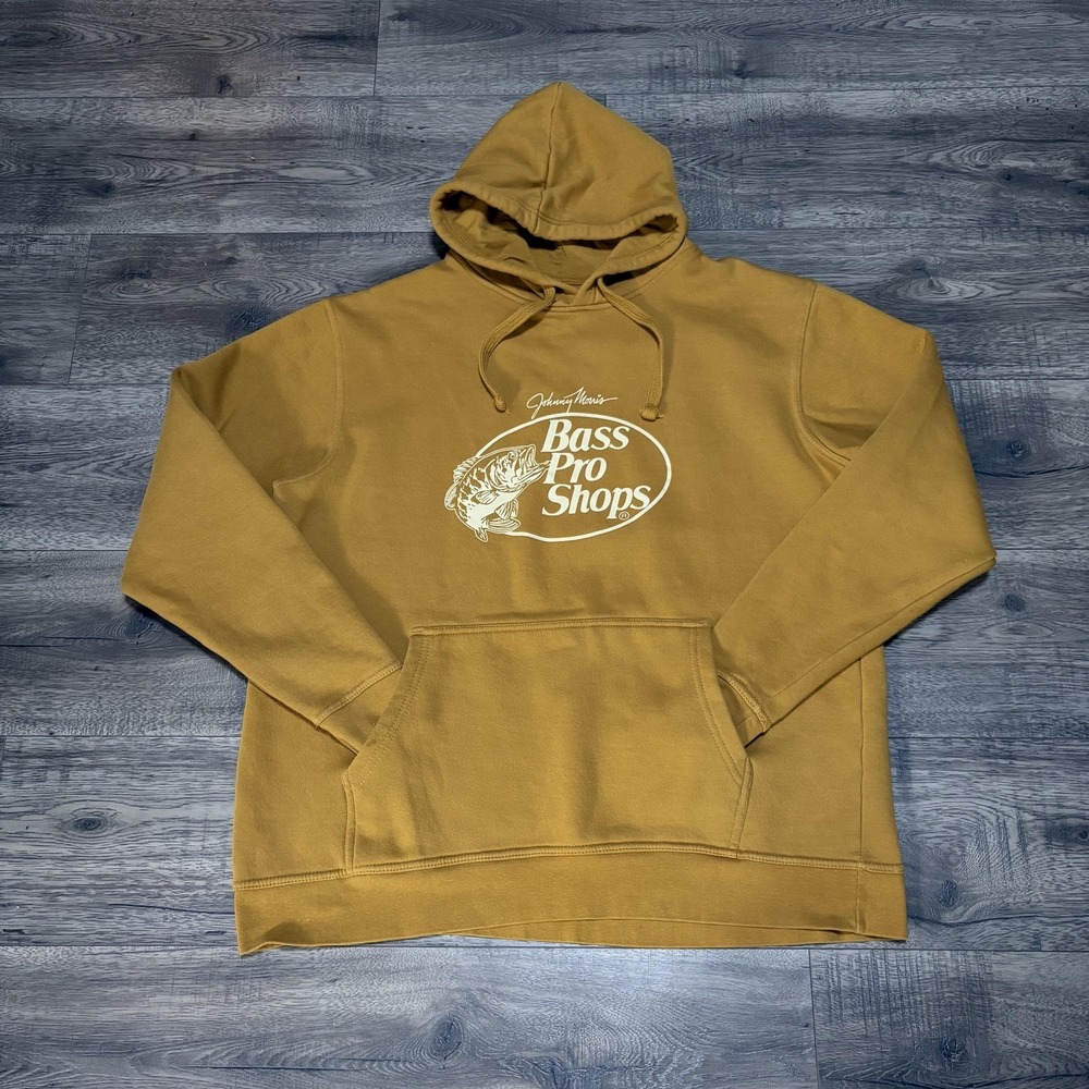 Bass Pro‎ Shops Hoodie Mens Large Gold Fleece Pullover Graphic Fishing Outdoor